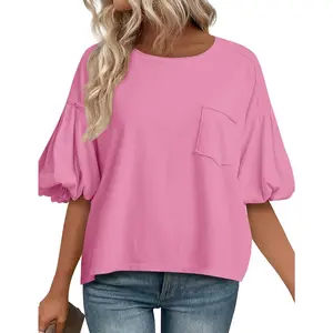 Imily Bela Womens Puff Short Sleeve T-Shirts Summer Casual Crew Neck Tops Loose Fit Shirts with Chest Pocket