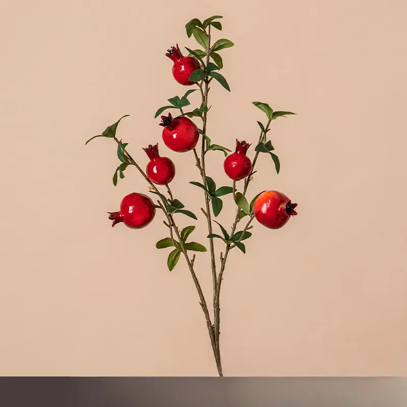 6 red silk cloth leaves in the shape of pomegranat