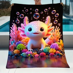 1Pc Colorful Axolotl Coral Bubbles Underwater Flannel Blanket, Soft Warm All-Season Blanket, Suitable For Sofa, Bed, Office, Shawl, Camping And Travel, Perfect Gift Blanket, Birthday Anniversary Gift, Travel Essential, Festive Pattern, Home