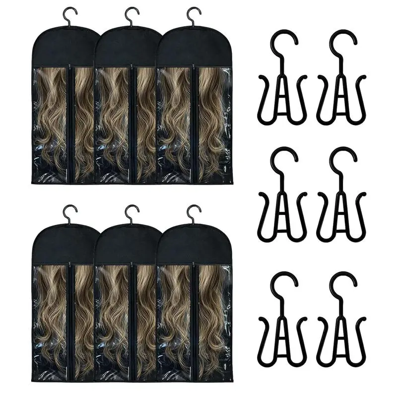 6PCS Black Non-Woven Fabric Wig Storage Bags Set - Hangable, Collapsible, Dustproof Home Organizer with Hanger, Dustcover, Compartments, 23.6in x 11.8in Breathable Solution for Daily Organization and Transport, Ample Space