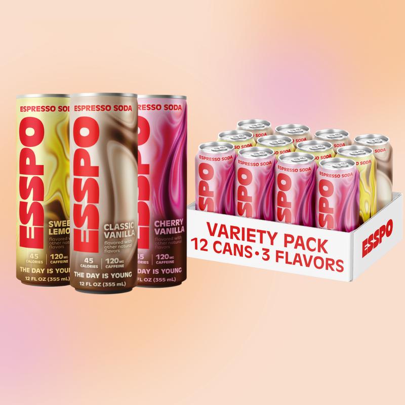 ESSPO Espresso Soda | Cold Brew Coffee Soda with L-Theanine | 45 Calories, 120mg Natural Caffeine | Vegan, Gluten Free, Kosher, No Stevia | 12 FL OZ (12 Pack)