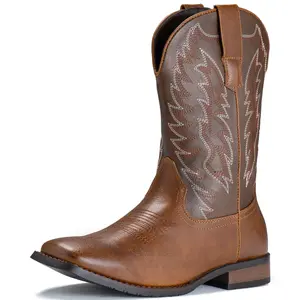 IUV Cowboy Boots For Men With Square Toe Retro Western Boots With Embroidered, Slip Resistant,Chunky Heel Ankle boots,Comfortable Shoes,Footwear Walking shoes