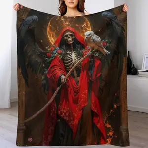 Santa Muerte Flannel Blanket, Grim Reaper & Roses Gothic Art Design, Ultra-Soft Warm Lightweight Throw for Gothic Enthusiasts, Home Decor, Halloween & Day of the Dead Gifting, Gothic Enthusiast
