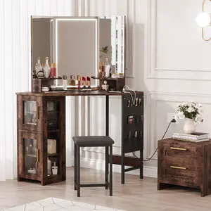 Corner Vanity Desk with LED Lighted Mirror Charging Station and Storage Cabinet with Stool-B