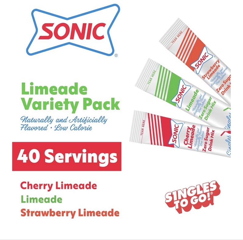 Sonic Singles To Go Limeade Variety Pack, Watertok Powdered Drink Mix, Includes 3 Flavors, Limeade, Cherry and Strawberry 1 Box (40 Servings)