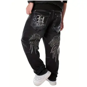Mens Vintage Embroidered Jeans - Loose Fit, Straight Leg, Hip Hop Dance Style - Durable Denim, All-Season Comfort