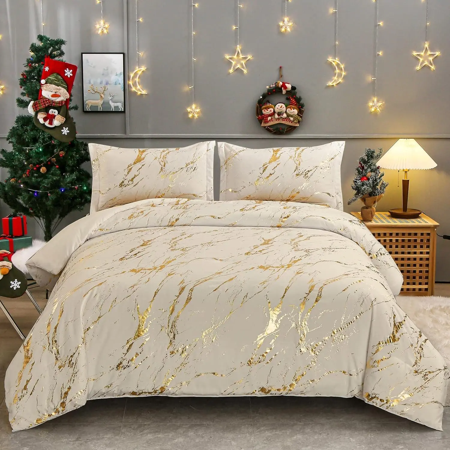 Khaki Gold Marble Bedding Quilt Set - King Size Microfiber Quilted Duvet Set with Exquisite Stitching Technique, 103"x90" Comforter & 2 Pillowcases, All-Season Bedding Collection