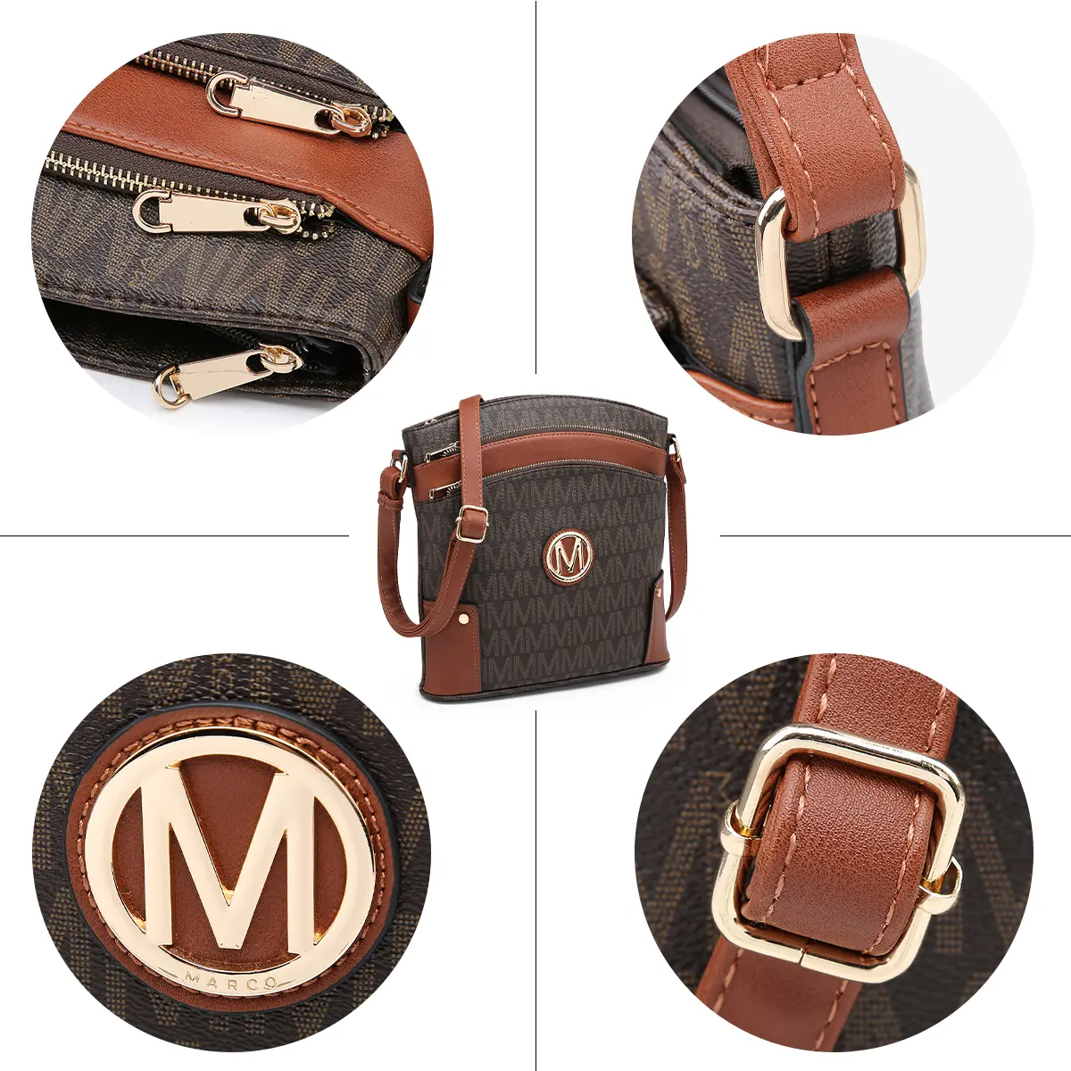 Marco M Monogram Backpack and Wristlet Set Beige Brown Gold 