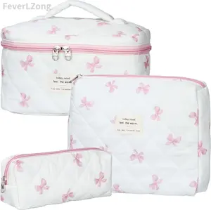 3Pcs Makeup Bag Quilted Cosmetic Bag Set Chic bow makeup storage bag Makeup Bag for Women Cute Portable Cotton Toiletry Bag Daisy makeup bag makeup bags