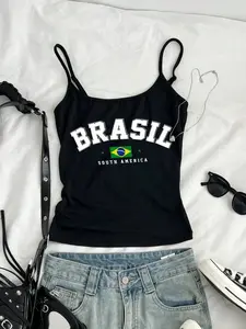 BRASIL' Brazil Flag College Style Black Crop Cami Top | Casual South American Streetwear Top | Premium Soft Fabric | Bold Patriotic Aesthetic | Trendy Slim-Fit Cropped Cut | Eye-Catching Text & Flag Print | Versatile Daily Wear | Perfect for Patriotic
