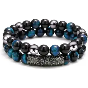 2Pcs Triple Protection Bracelet,Natural Tigers Eye Black Obsidian and Hematite 8 MM Beads Bracelet for Men Women Gift, Healing Crystal Bracelet Bring Luck and Prosperity and Happiness