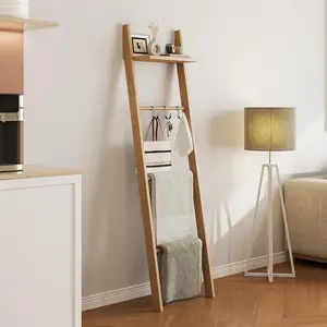 63"  Blanket Ladder with Shelf and 5 Hooks, 4 Tier Leaning Blanket Rack, Farmhouse Towel Ladder Rack, Decorative Quilt Rack Holder for Living Room Bedroom Bathroom,