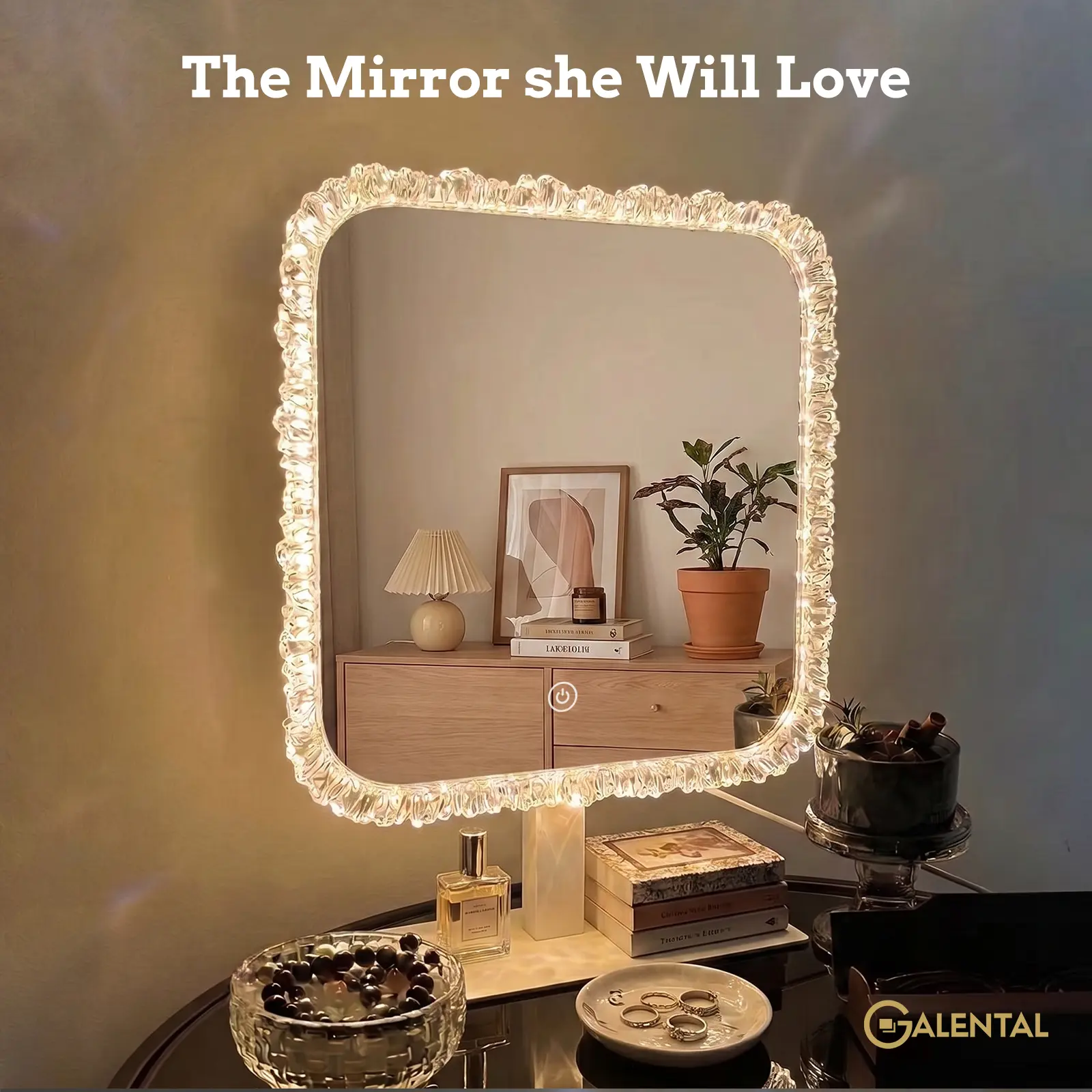 GALENTAL Square Vanity Mirror with Lights, Iceberg Crystal Edge LED Makeup Mirror, Dimmable 3 Color Lighting Modes Touch Control Tabletop Mirror for Bedroom Bathroom Dressing Table Aesthetic Room Decor Gift Idea