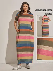 Women's Plus Size Colorful Patchwork Striped Print Short Sleeve Long Nightgown, Comfortable Casual Home Wear Nightwear with Pockets