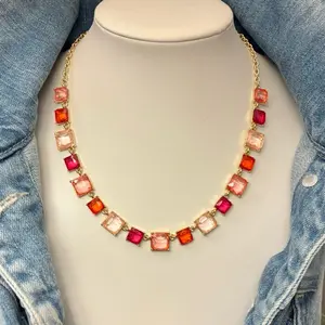 Corrine Necklace Jewel Candy Vibes - Colorful Square Stones on Gold Chain for Women's Fashion