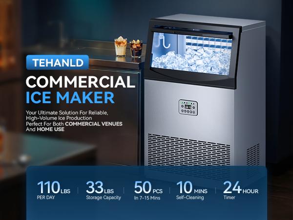 MANASTIN Commercial Ice Maker Machine, 110LBS/24H with 33LBS Large Storage Capacity, 50 Ice Cubes/15 Mins, Ice Machine with Self-Cleaning & Water Filter, Under Counter & Freestanding for Home, Bar