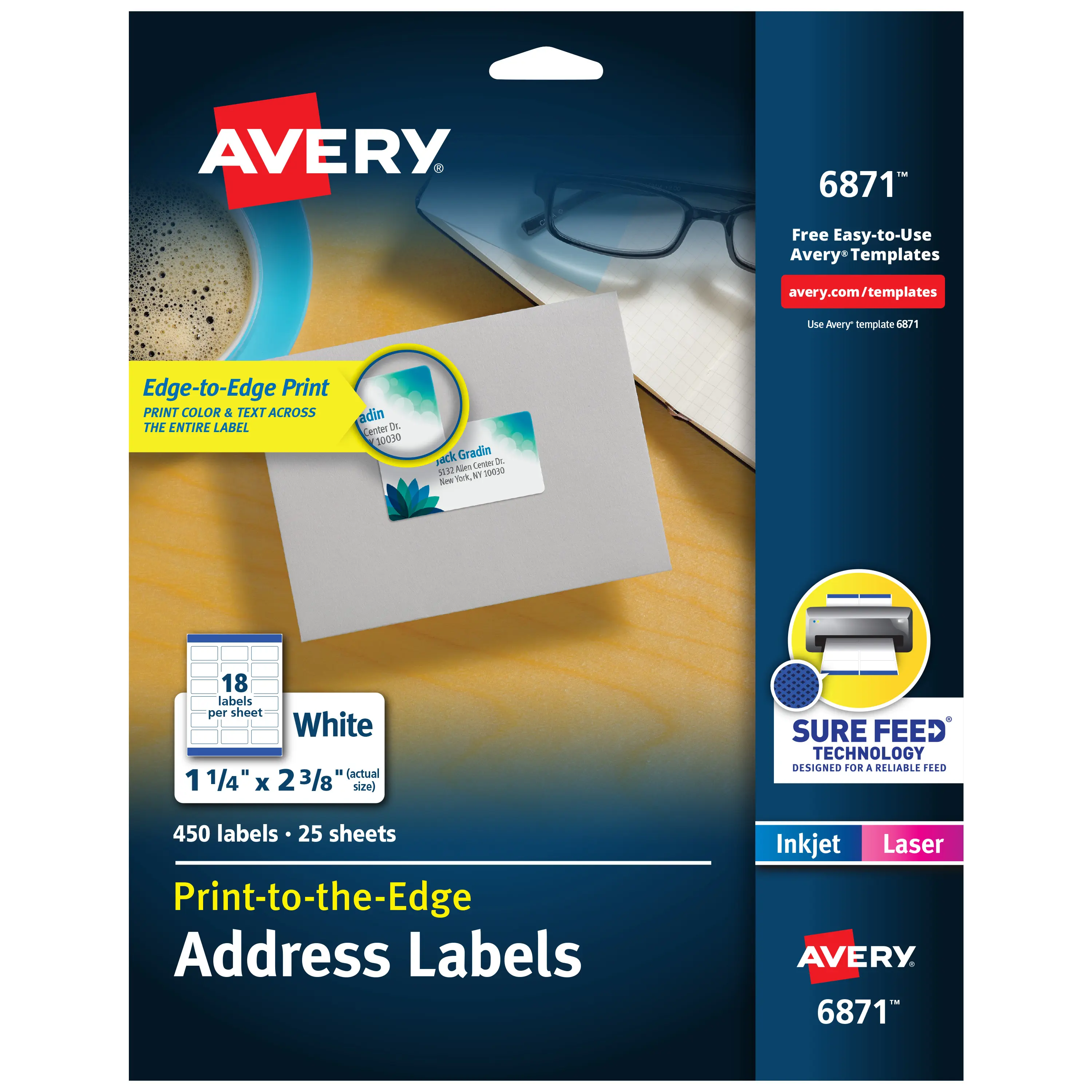 Avery® 6871 Series Print-to-the-Edge Customizable Return Address Labels, 1.25"x2.375" Matte White, SureFeed™ Tech, Laser/Inkjet Compatible, 450 Blank Labels, Vivid Color, for Mailing, School Supplies