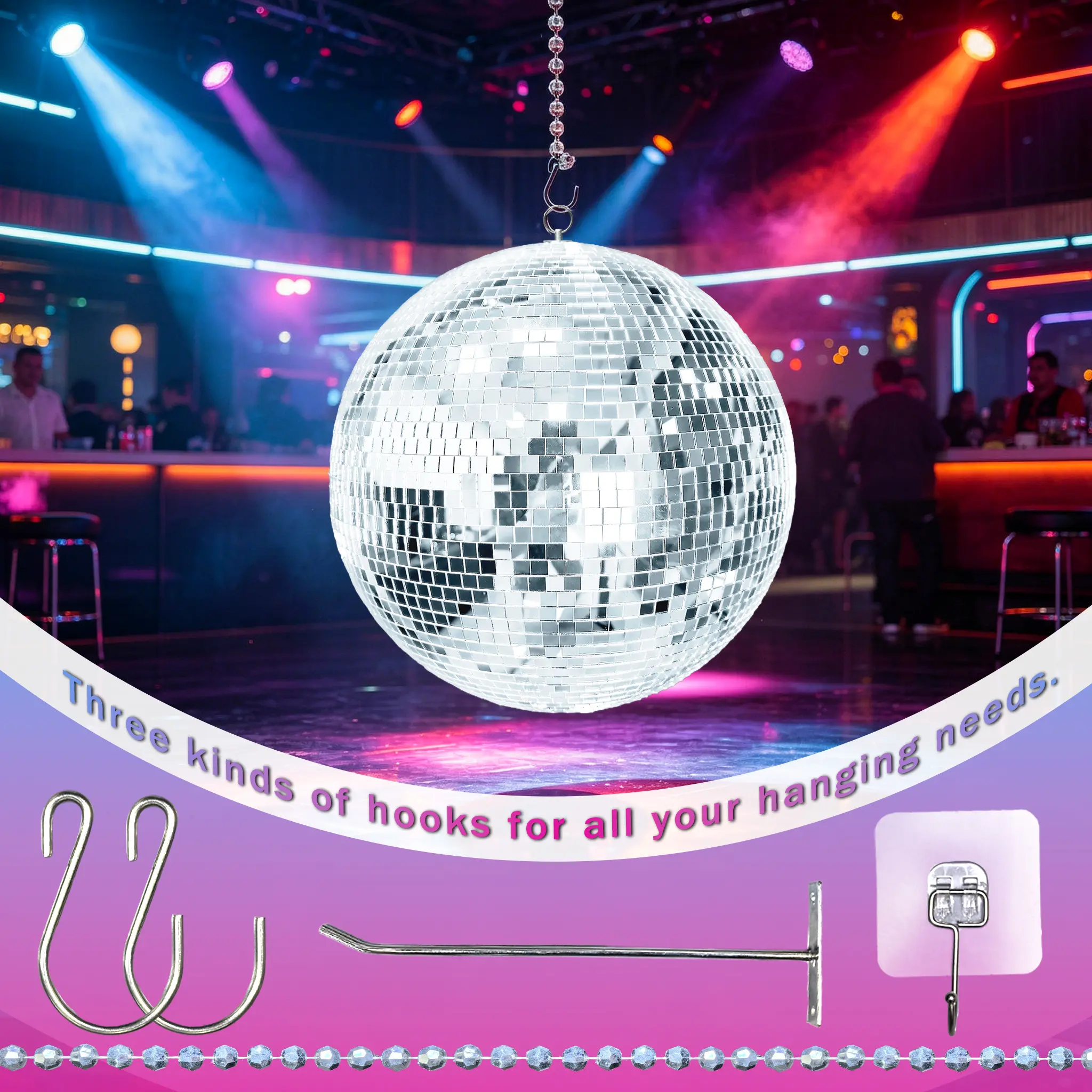 11.86-inch disco ball, 2026 new combo set, includes multiple hook accessories, offers simple and versatile hanging options, suitable for Christmas, everyday home decor, and holiday decorations.