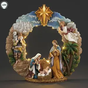 Roman Holy Family LED Lighted Christmas Nativity Table Sculpture from Josephs Studio Resin Wreath with Baby Jesus Mary Joseph Angel Shepherd Sheep Bethlehem Palm Trees Gold Star