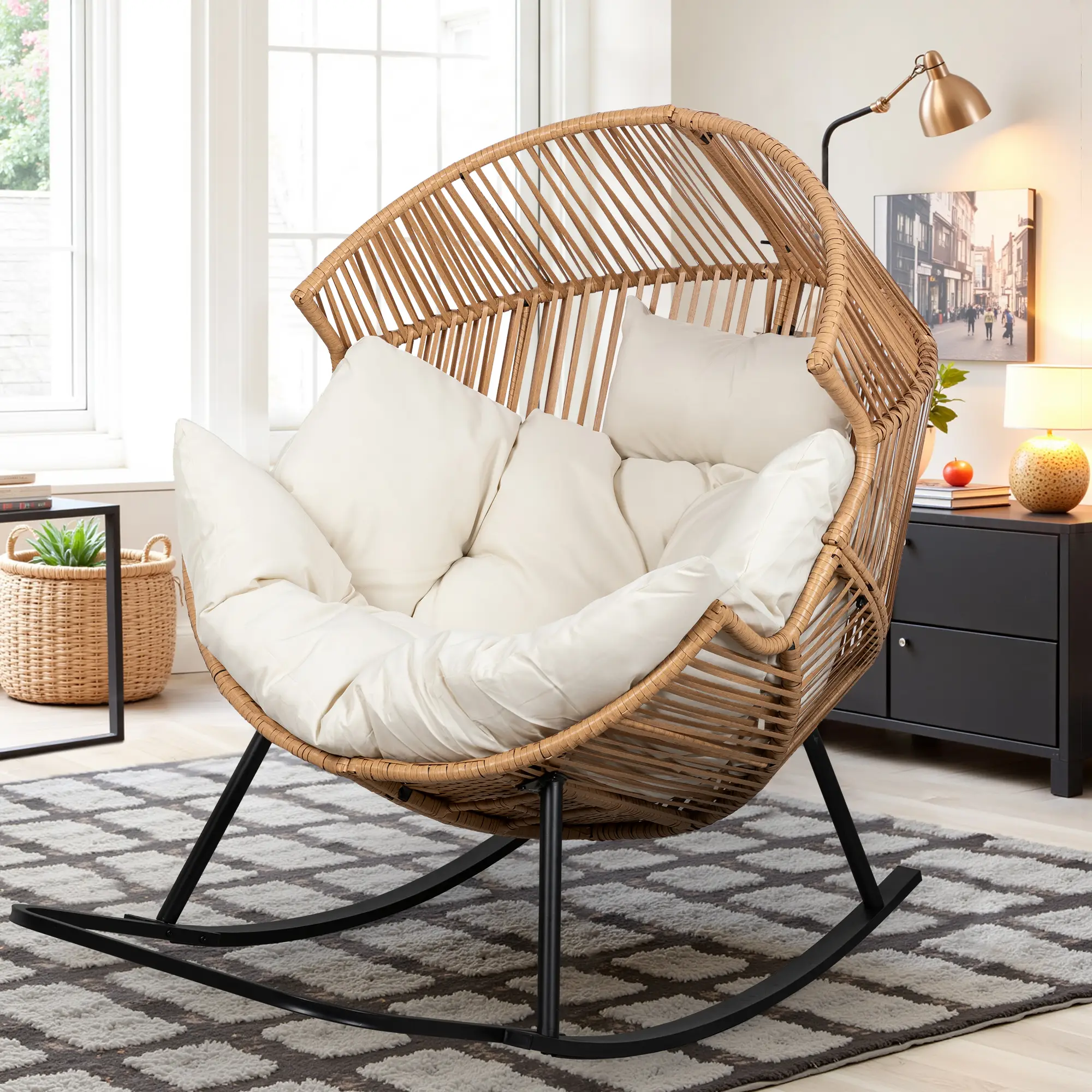 Walsunny Rocking Egg Chair Open Wicker Rattan Patio Chair Oversized Lounger Chair with Cushion Basket for Bedroom Balcony Backyard Beige Furniture Erg