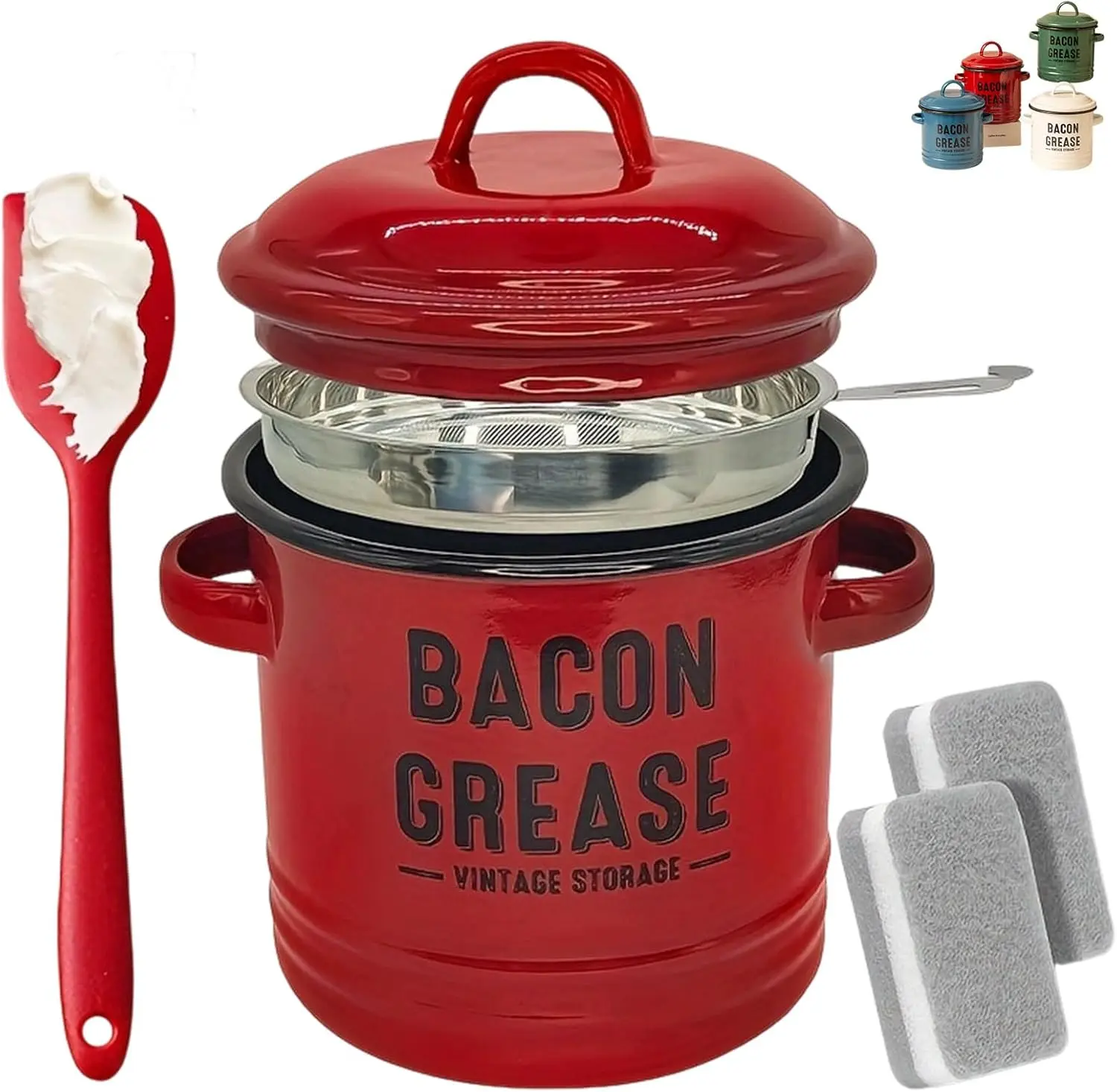 Bacon Grease Container with Strainer & Food-Grade Silicone Spatula Reusable Cooking up Fat Kitchen Catcher for Cooking Frying Baking