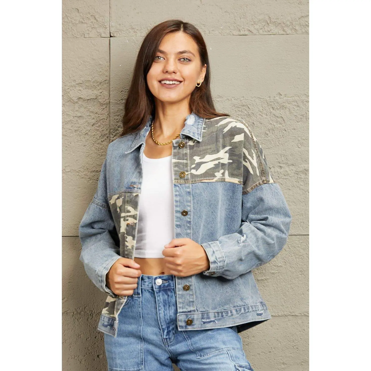 GeeGee Full Size Washed Denim Camo Contrast Jacket