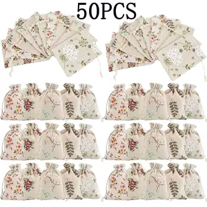 50 Pack Cotton Cloth Storage Bags with Drawstring 5.5x3.9 Inch Flower Printed Reusable Jewelry Gift Pouches for Wedding Party Favor