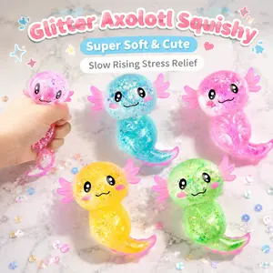 Glitter Axolotl Squishy Stress Ball, Soft Slow Rising Axolotl Squeeze Toy, Cute Kawaii Fidget Toy with Sparkle Sequins, Anxiety Relief Sensory Toy for Kids Adults, Party Favors Desk Decor