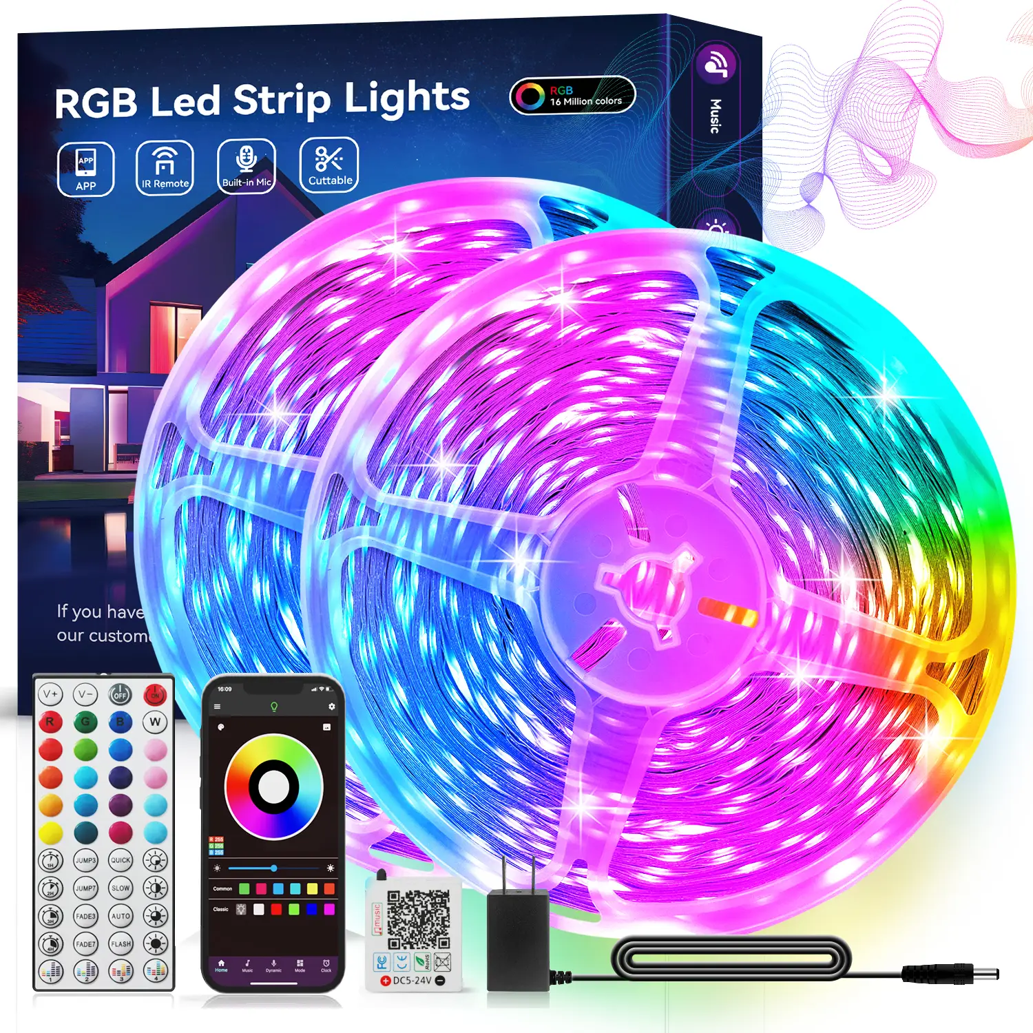 100FT 50FT Smart LED Strip Lights Sync to Music with 44 Key Remote Controller Lighting Strips with App Control LED Lights for Bedroom Christmas