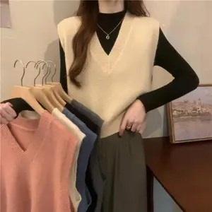 Spring Autumn New V-neck Knitted Vest Women Vintage Sleeveless Sweater Waistcoat Female Korean Chic Cropped Knit Tops