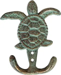 Cast Iron Hooks Cast Iron Sea Turtle Double Hook Bronze with Green Verdigris Patina Great Gift 3.5" W X 4.5" H (1)
