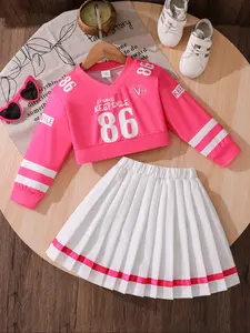 Girls' Rose Letter Print V-Neck Long Sleeve Top & Elastic Waist Pleated Skirt Set, Fashionable Casual for Kids, Girlclothes
