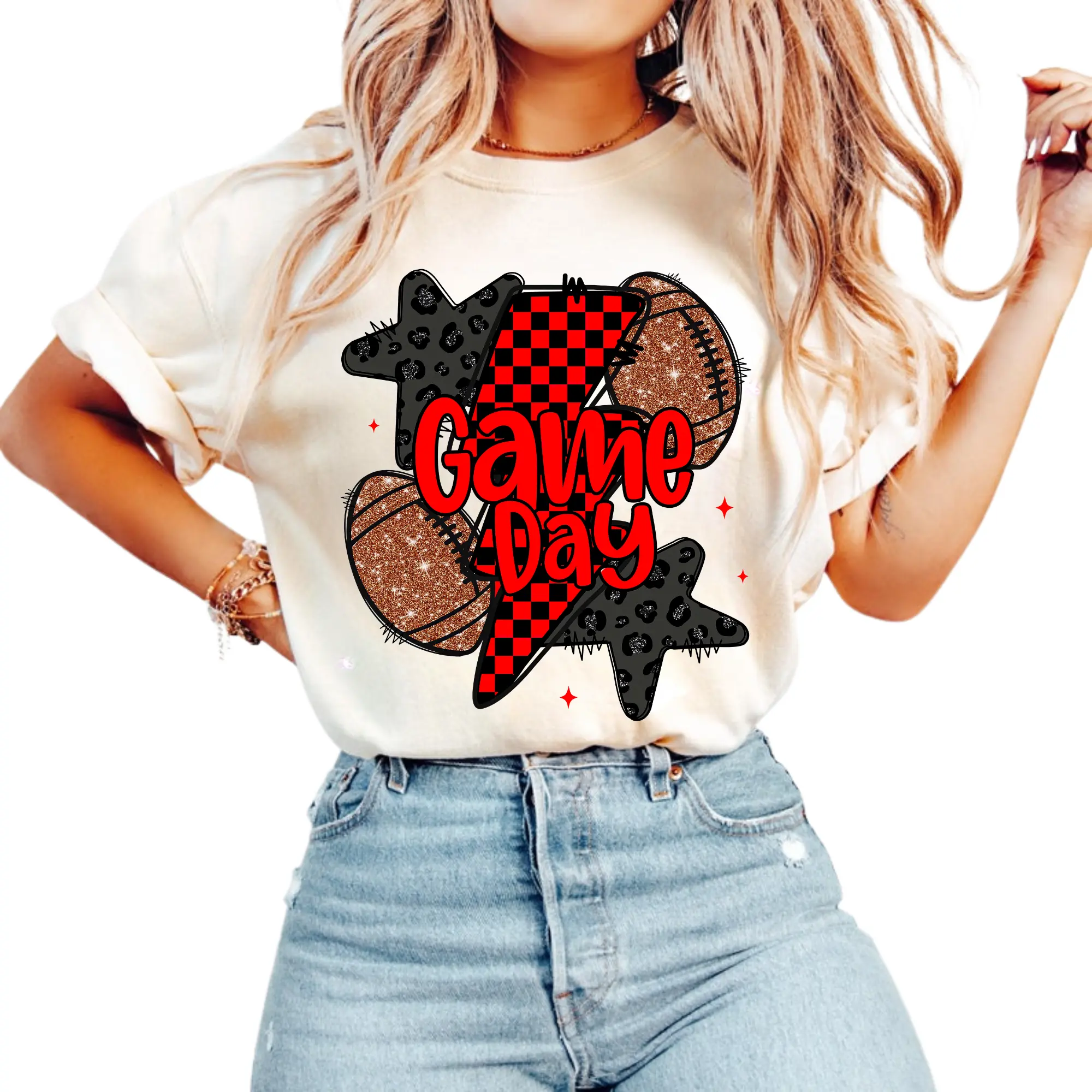 Red Game Day Football T-Shirt, Retro Checkered Football T-Shirt, Mom Shirt, Leopard Football Coquette