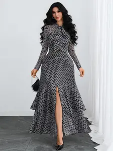 Vintage Polka Dot Belted Stand Collar Dress, Dual Layer Fish Tail Hem, Elegant Lady Style, Office Wear Long Dress