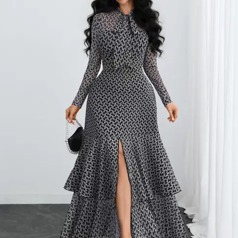 Vintage Polka Dot Belted Stand Collar Long Sleeves Dress, Dual Layer Fish Tail Hem, Elegant Lady Style, Office Wear Long Dress, Business Casual Dress, Maxidresses