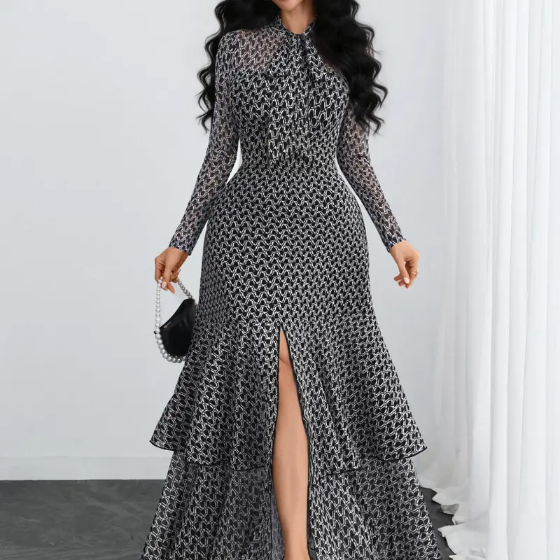Vintage Polka Dot Belted Stand Collar Long Sleeves Dress, Dual Layer Fish Tail Hem, Elegant Lady Style, Office Wear Long Dress, Business Casual Dress, Maxidresses
