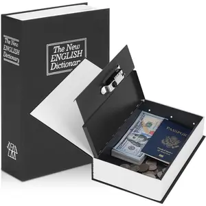 Fake Book Storage Box with Combination Lock, Hidden Dictionary Container for Cash Coins Jewelry, Large Black Metal Secret Keeper for Shelf Decor