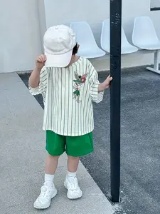 Boys 2-Piece Comfortable Set with Stylish Striped Cartoon Print Short Sleeve Top and Solid Color Shorts, Casual Wear for Kids Year Round, Striped Sets