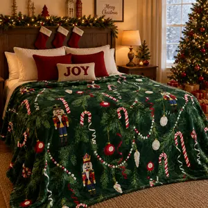 Dark Green Pine Nutcracker Candy Cane Seamless Flannel Throw Blanket, Traditional Christmas Ornament Anti-Pilling Soft Fleece Bed Cover, Classic Vintage Holiday Cabin Couch Blanket, Unique Xmas Gift For Nutcracker & Traditional Christmas Lovers