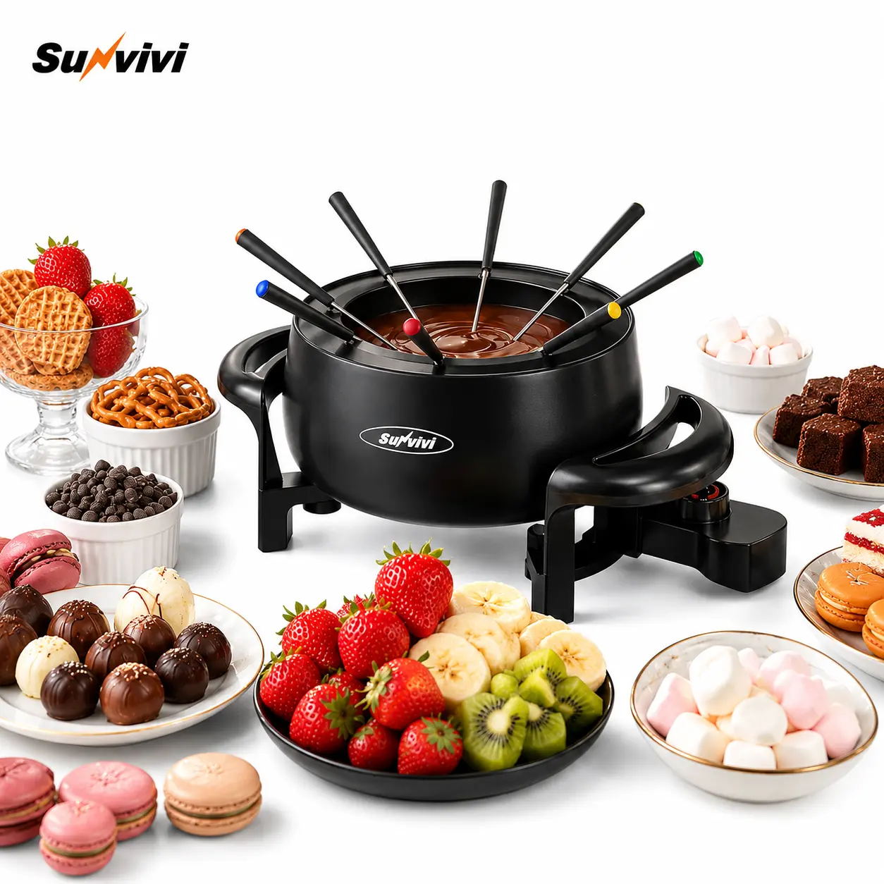 Sunvivi Durable Electric Fondue Pot Set - 3 Qt Multifunctional Hot Pot Kitchen Appliance, 1000W Non-Stick Maker with Adjustable Temperature Control, 8 Color-Coded Forks for Chocolate, Cheese, Kitchen Appliances，one-touch operation， home essential