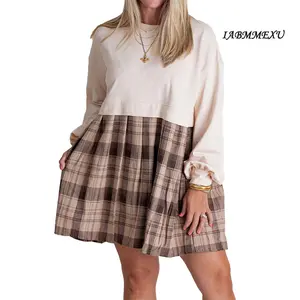 Women Plaid Print Dress Short T-shirt Dress Fashion A-line Dress Mini Dresses Long Sleeve Vestidos Female Elegant Clothes Casual Check