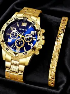 Luxury Shiny Men's Business Watch Set, Fashionable Wristwatch, Silver Color/ Quartz Watch, Alloy Band and Case, Analog Display, Battery Powered