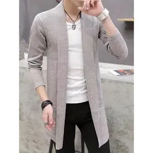 Mens vintage-inspired V-neck cardigan-stretch fabric casual long overcoat sweater-perfect for fall/winter