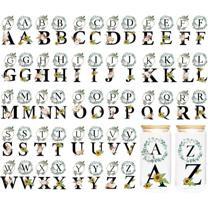 UVDTF Cup Wraps Sticker - 13 Sheet Letter UV DTF Transfer for 16 oz Glass, 26 Letters, Flower Ring, Flower Design, Waterproof Transfers, Back to School DIY Gifts