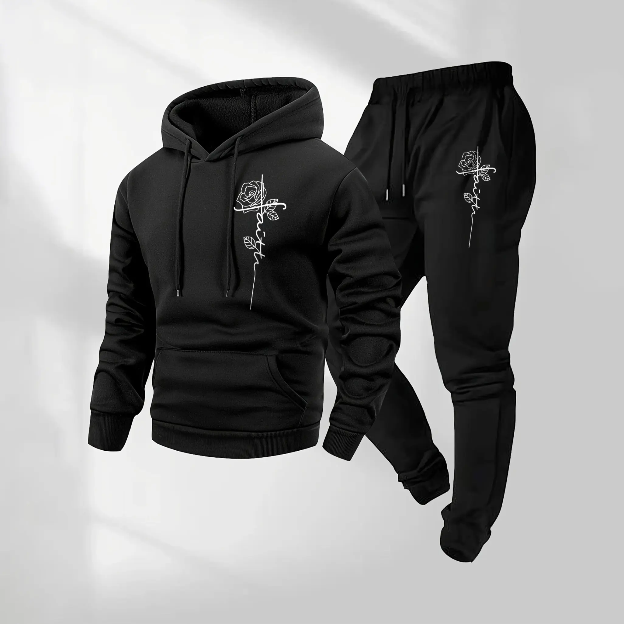 Men's 2-Piece Athletic Tracksuit, Casual Rose & Letter Print Long Sleeve Hoodie with Pockets and Jogger Pants, Loose-Fit Polyester Streetwear for Fall Winter, Athletic Tracksuits, Sporty Set, Workout Tracksuit