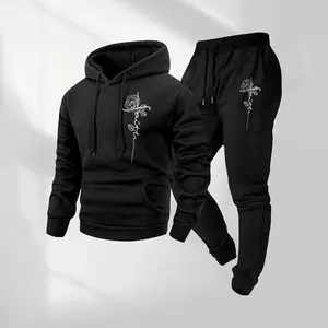 Men's Rose Print Hoodie and Drawstring Sweatpants Set with Pockets, Casual Long Sleeve Hooded Jacket & Jogger Pants, Fall Winter Sportswear, Streetwear Tracksuit for Indoor & Outdoor Activities, Men's Everyday Wear