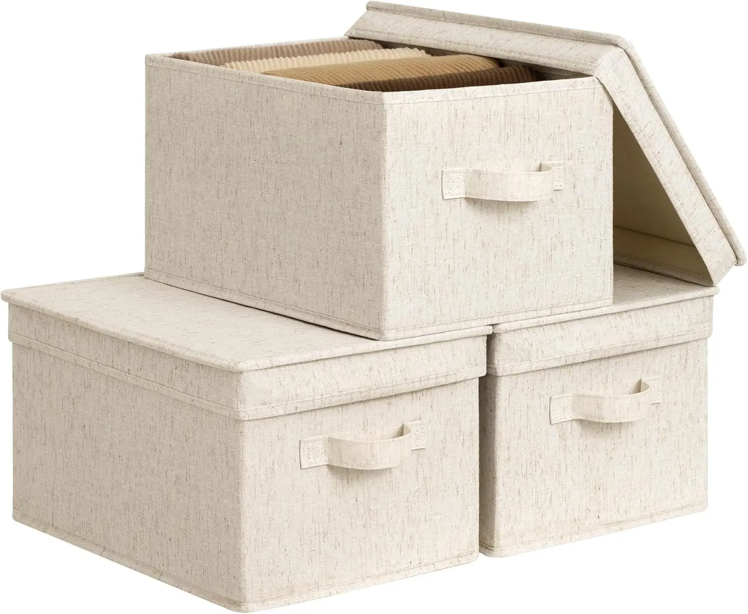 Fabric Storage Bins with Lids, Decorative Storage Bins with Soft Handles, Foldable Storage Baskets for Closet, Shelves, Stackable and Sturdy Organization, Beige, Large, 3-PackGift.