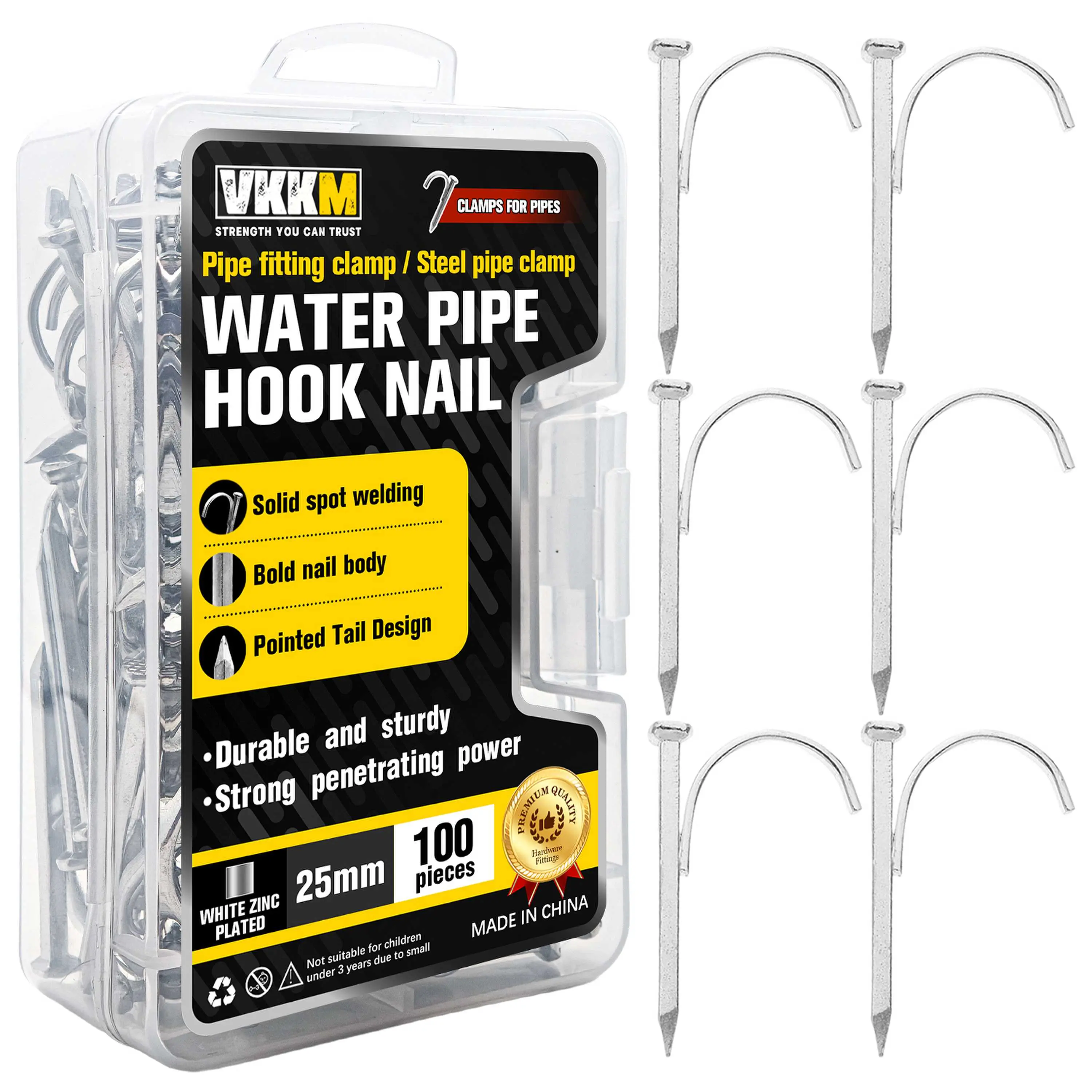 VKKM 100Pcs 25mm Water Pipe Hook Nails, Galvanized Steel Pipe Clamp Nails, Heavy Duty Tube Support Nails for PPR/PVC/Plastic-Aluminum Composite Pipes, Conduit & Indoor Plumbing Pipe Fixing Installation