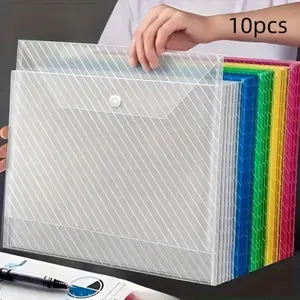 Transparent Plastic Document Storage Bag, 10pcs Waterproof Large Capacity File Folder, Button Sealed Design for School & Office Use