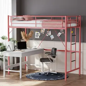 Ktaxon Queen/Twin/Full Size Loft Bed with Flat Ladder Rung for Kids Teens Adults Heavy Duty Metal Single Bunk Bed Loft with Safety Guard Rails for Small Space, Pink